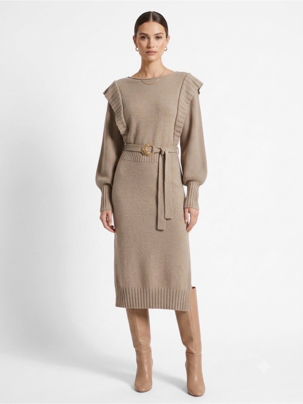 Nicholas 100% Wool Ruffle Shoulder Belted Sweater Midi Dress – Size L
